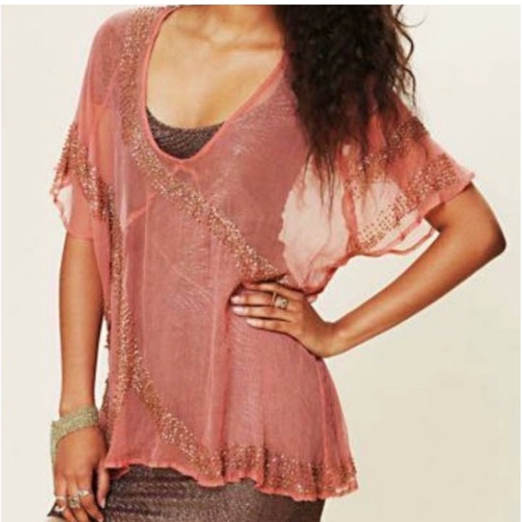 WOMENS NEW ROMANTICS SHEER CORAL BLOUSE W/ BEADED EMBROIDERY SIZE XS - Picture 1 of 7